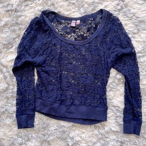 Navy blue Dolled Up soft floral pattern translucent sweater, size XS